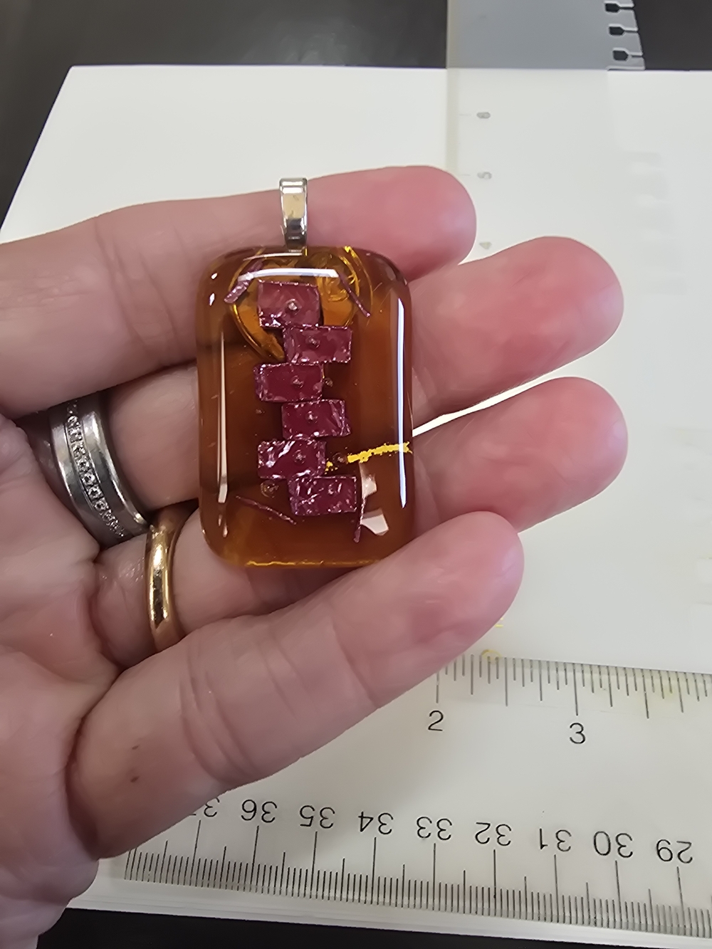 Amber Glass Pendant Necklace with Pink Inlay